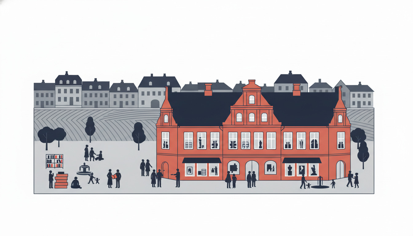 Et charmerende dansk byplads med en karakteristisk rødbaksten kulturel bygning med store vinduer, der viser kunstværker og udstillinger, omgivet af historiske byhuse. Bysborgere slentrer rundt, samles og interagerer på pladsen.