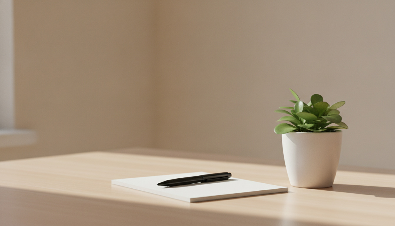 Minimalistisk skrivebord med notepad, pen og lille pottet plante i naturligt lys.
