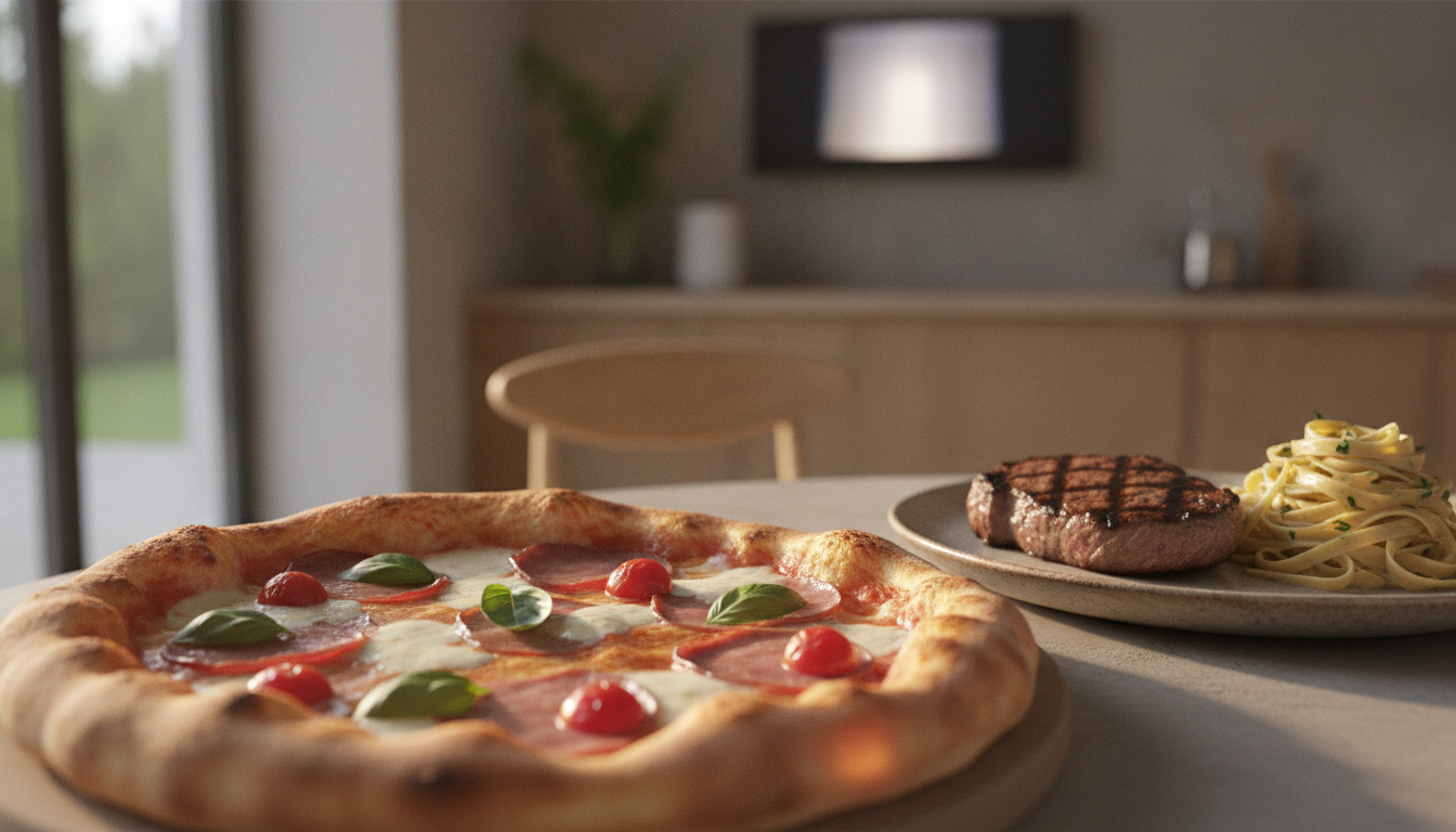 Tæt optagelse af friskbagt pizza med smelteoste og friske toppings, stegt bøf på tallerken og pasta, i varmt køkkenlys.