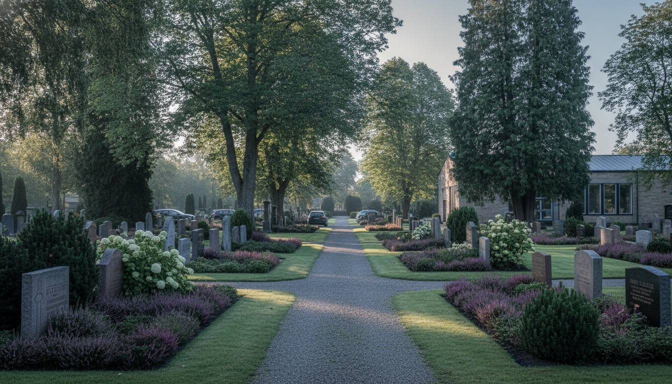 Stille kirkegårdssti mellem gravsten med blomstrende busker og træer i svagt morgenlys.