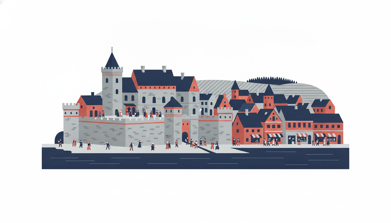 Nyborg Slot med sin karakteristiske rundtårn og fæstningsvægge dominerer med borgfolk og handelsmænd på pladsen, byen bredt bag ved ved Storebælt-strædet.