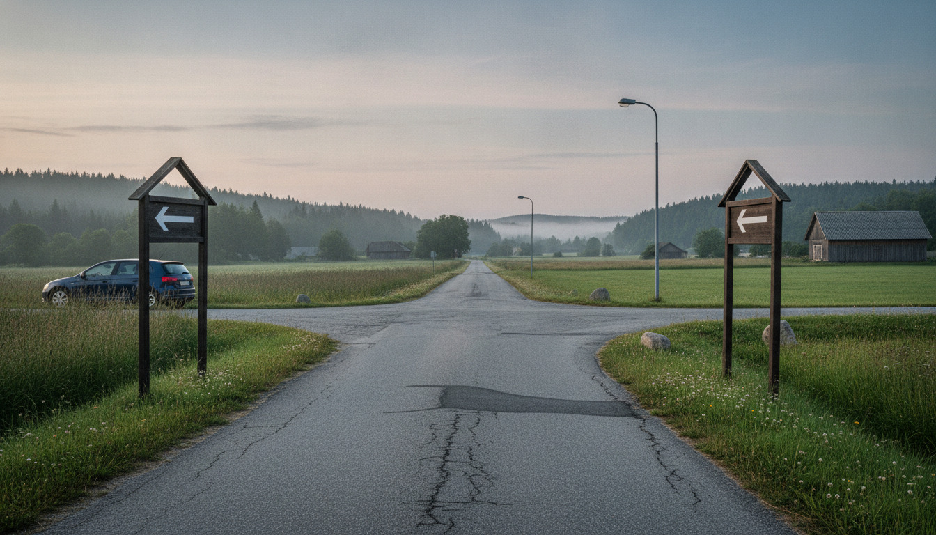 To træ-opslagstavler med pilemarkeringer på en landsvej med græsarealer og sløret baggrund.