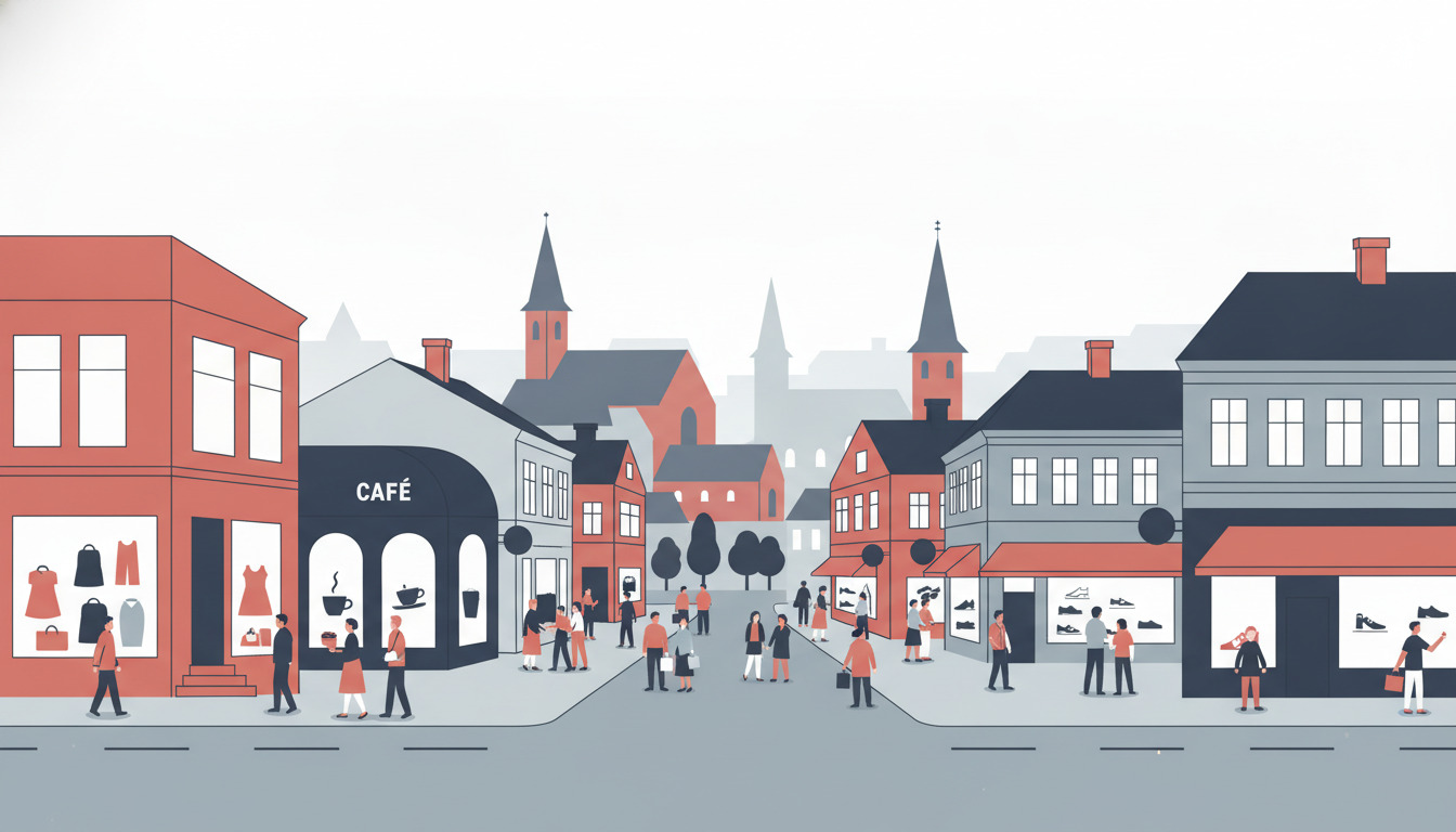 Vibrerende Viborg bycenter med butikksfacader, caféer og gående, der handler blandt røde mursten og historiske bygninger; kirketårne stiger op i den atmosfæriske baggrund.