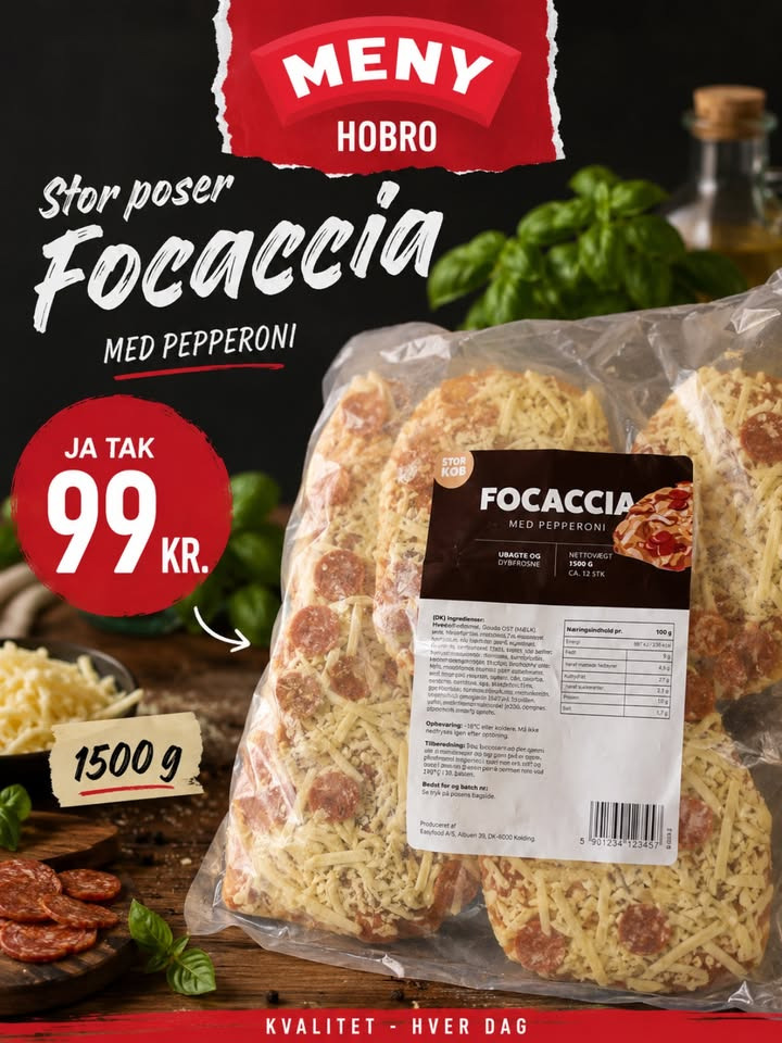 MENY Hobro har ja tak focaccia-storkøb på 1500 g til 99 kr.