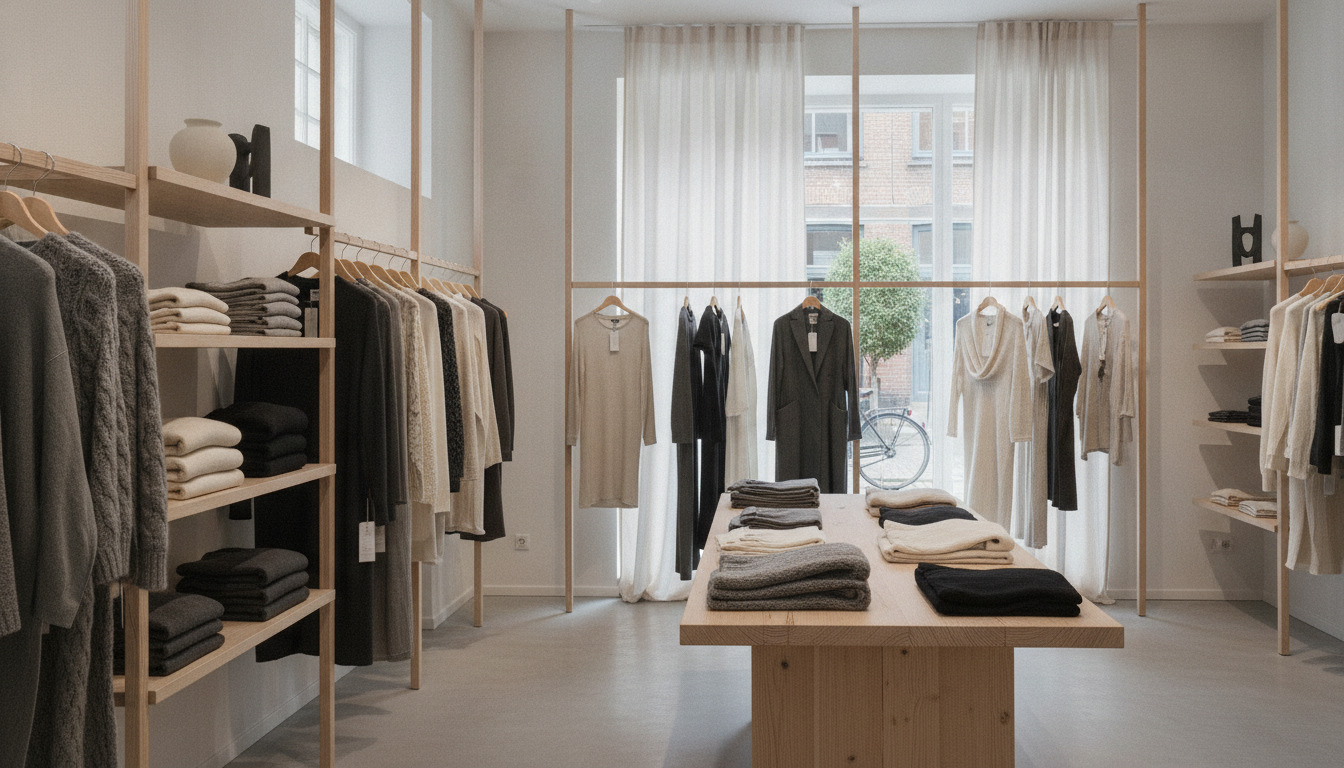 Moderne boutique-interiør med træhylder, tøj i beige- og sortetoner og blødt nordisk dagslys.