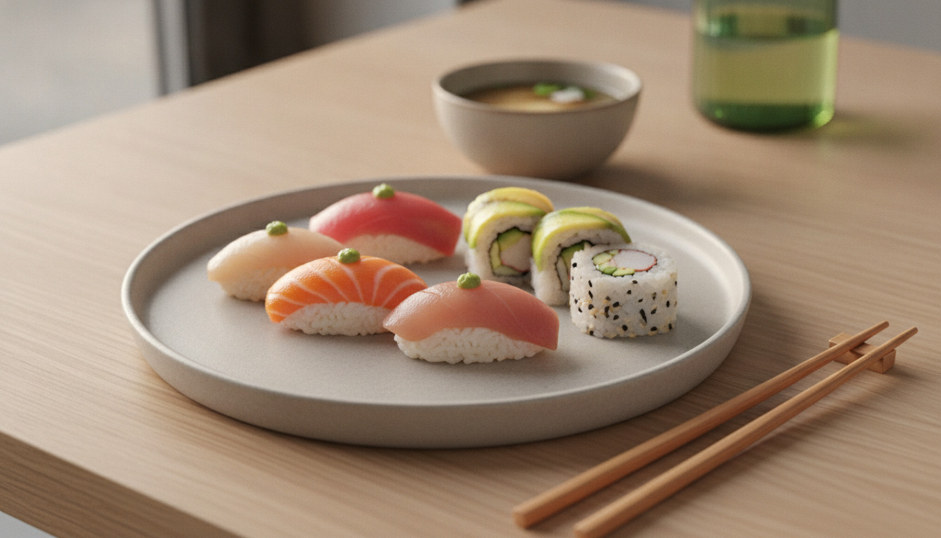 Nærbillede af sushi-brikker på hvid keramisk tallerken med træpinde og en skål suppe i baggrunden.