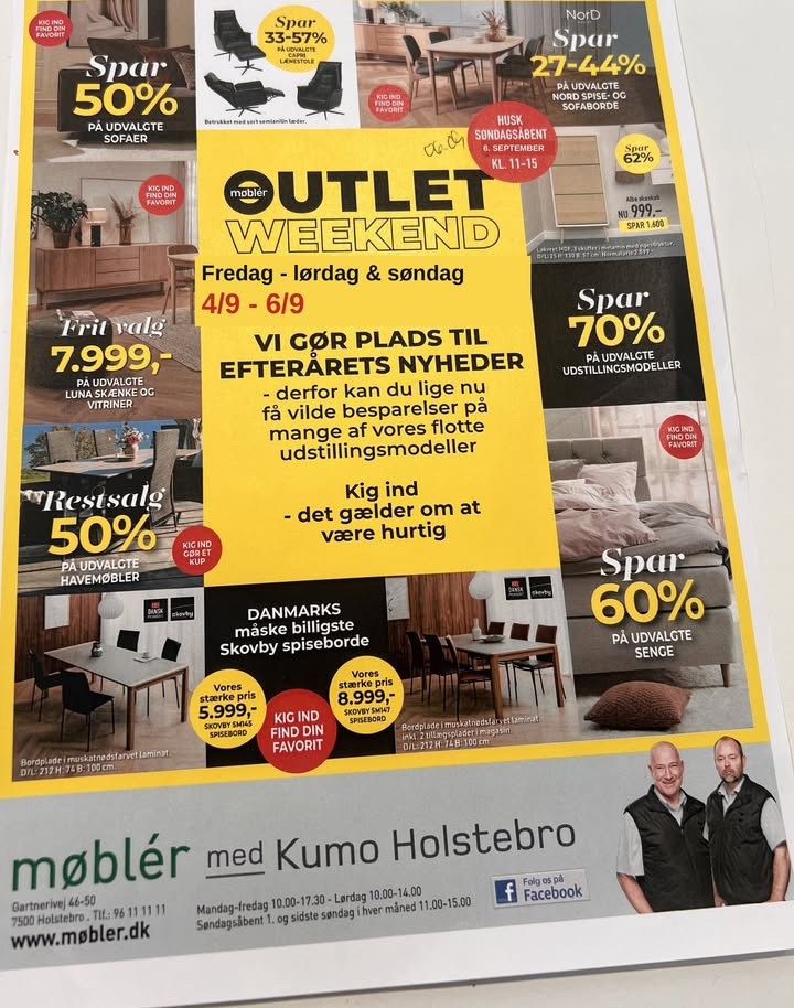 Møblér med Kumo Holstebro holder outlet weekend med besparelser på udstillingsmodeller