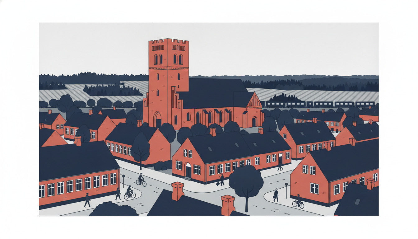 Give Kirke med sit karakteristiske muret tårn fra 1905 dominerer en charmerende dansk byscene, omgiven af traditionelle orange-røde mursteenshuse, træbeplantede gader og rulende skovlandskab i det fjerne.