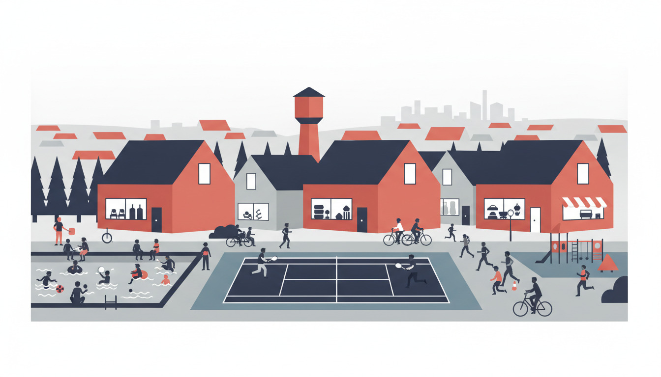 En solrig fritids- og sportscene i Albertslund med svømmebassins, tennisbane, træer og mennesker af alle aldre der motionerer og leger.