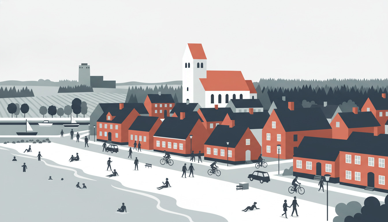 Flad vektorillustration af kystbyen Hornbæk: sandstrand med badegæster og strandgængere, hvid Hornbæk Kirke med rødt tag og central tårn, røde murstenshuse, havn med både, skovbaggrund og vinter-/kølig farvepalet.