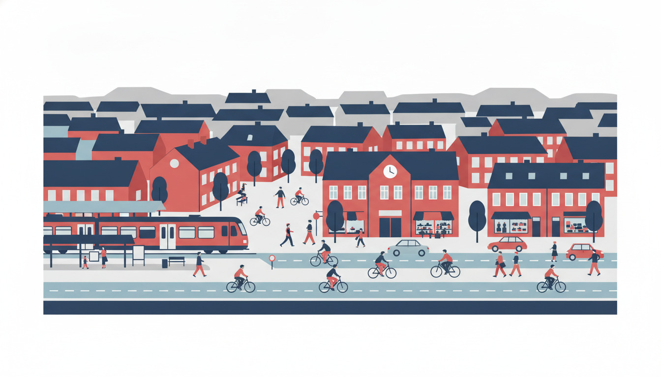 Børkop bymidte: røde mursten bygninger, regionaltog ved perron, cykelister på dedicated cykelstier, fodgængere, parkerede biler og træer langs gaderne – viser integreret bæredygtig transport.
