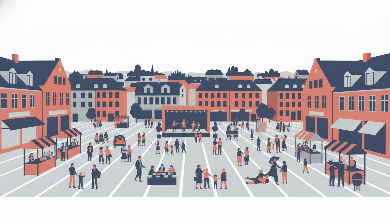 Levende Randers torv med livlige forsamlinger: farvefyldte foodtilbud, udendørsstevner, familier der nyder kulturelle begivenheder og aktiviteter blandt historiske nordiske bygninger med røde mursten og skifertage.