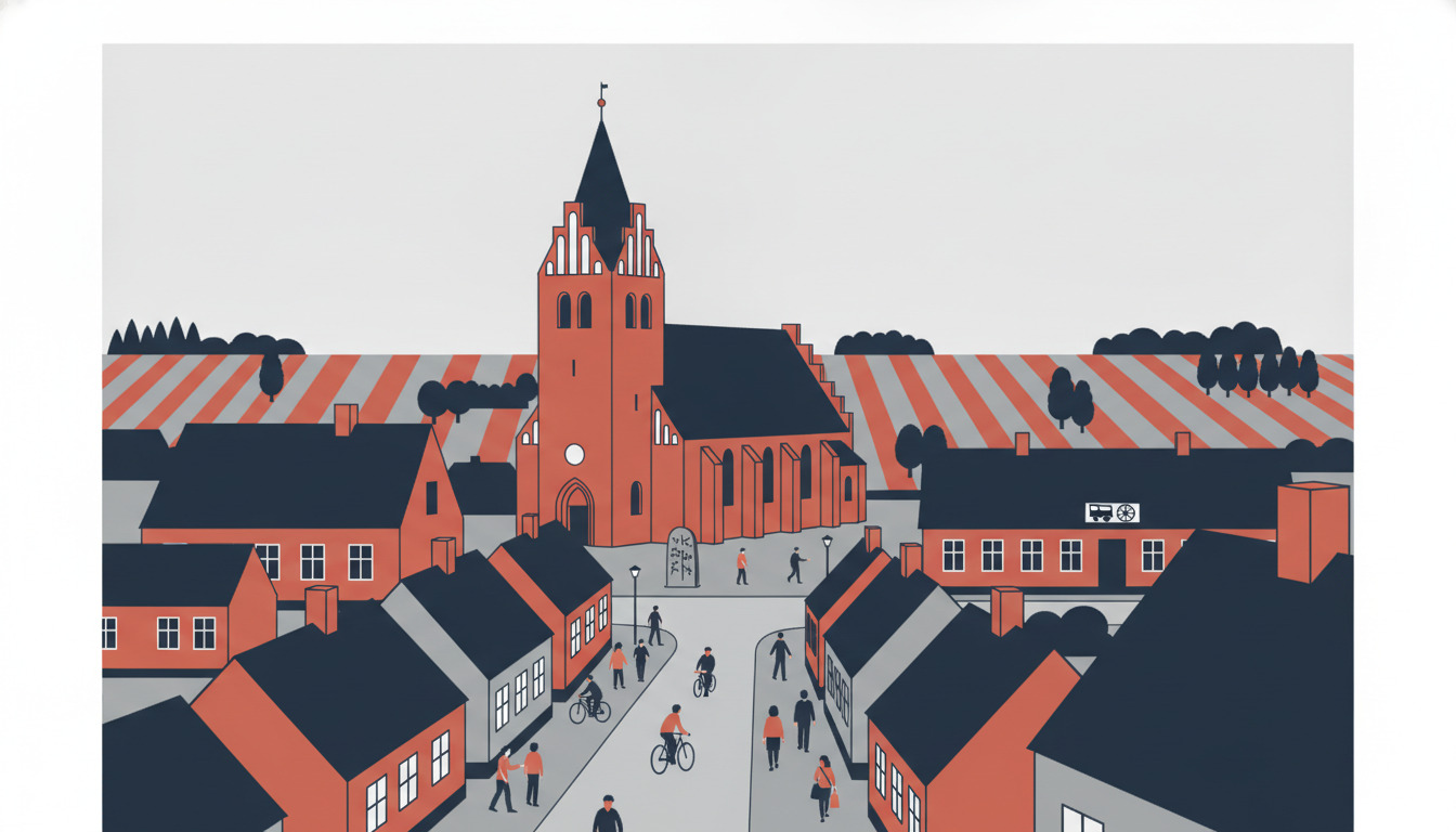 Flad vektorillustration af Otterups bycentrum med karakteristisk rødbakket romansk kirke med tvillingtårne og spir, omgivet af beboelseshuse, et centralt torg med mennesker og landbrugsjorder i baggrunden.
