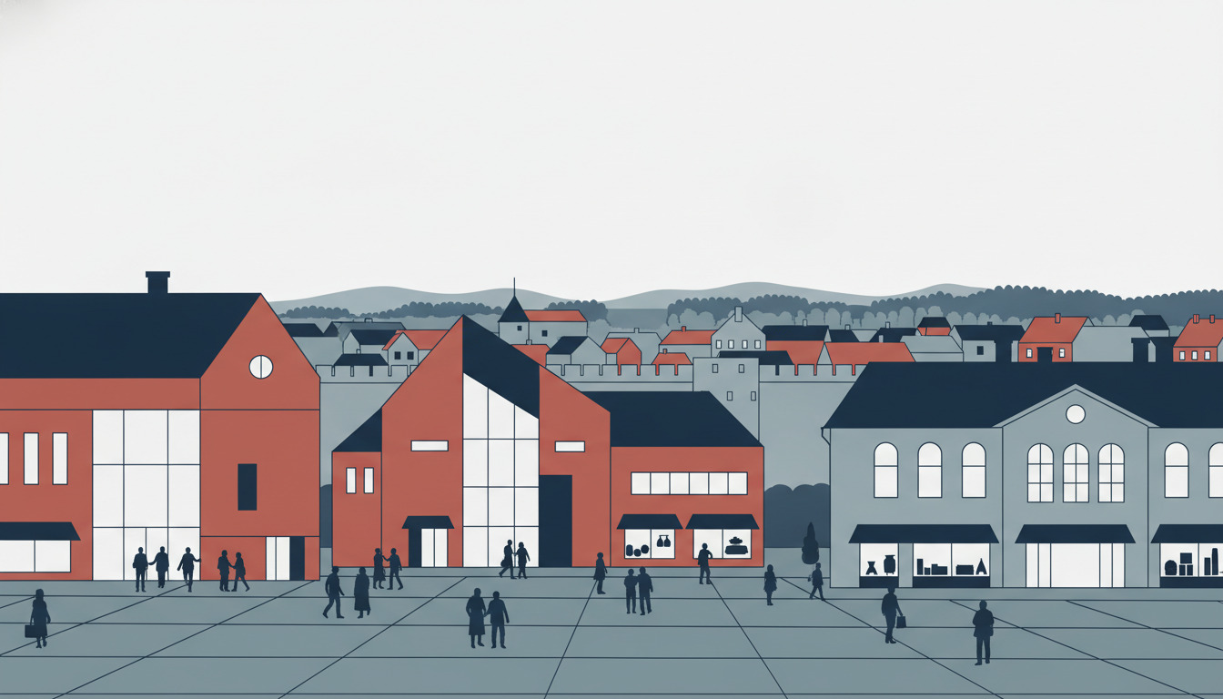 Flat-vektorillustration af et dansk kulturkvarter med røde teglstens-teater- og museumsbygninger med store vinduer, grå bibliotek med bueformede åbninger, mennesker som samles på en offentlig plads, og befæstede bakker i baggrunden.