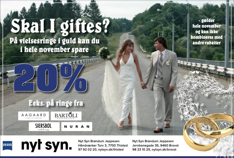 Nyt Syn Brøndum Jeppesen tilbyder 20% rabat på vielsesringe i guld hele november