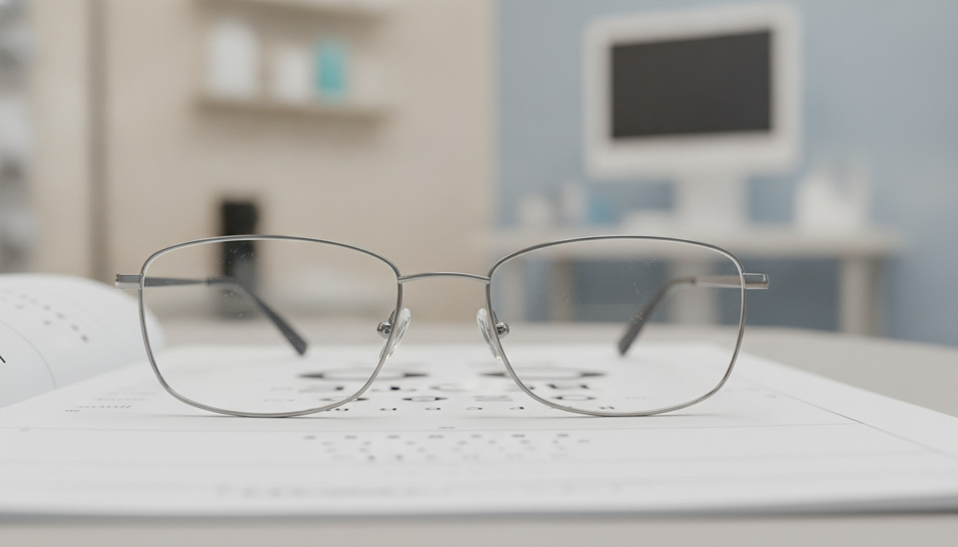 Closeup af en stålbrille på et øjenkort med sløret optiker-setting i baggrunden.