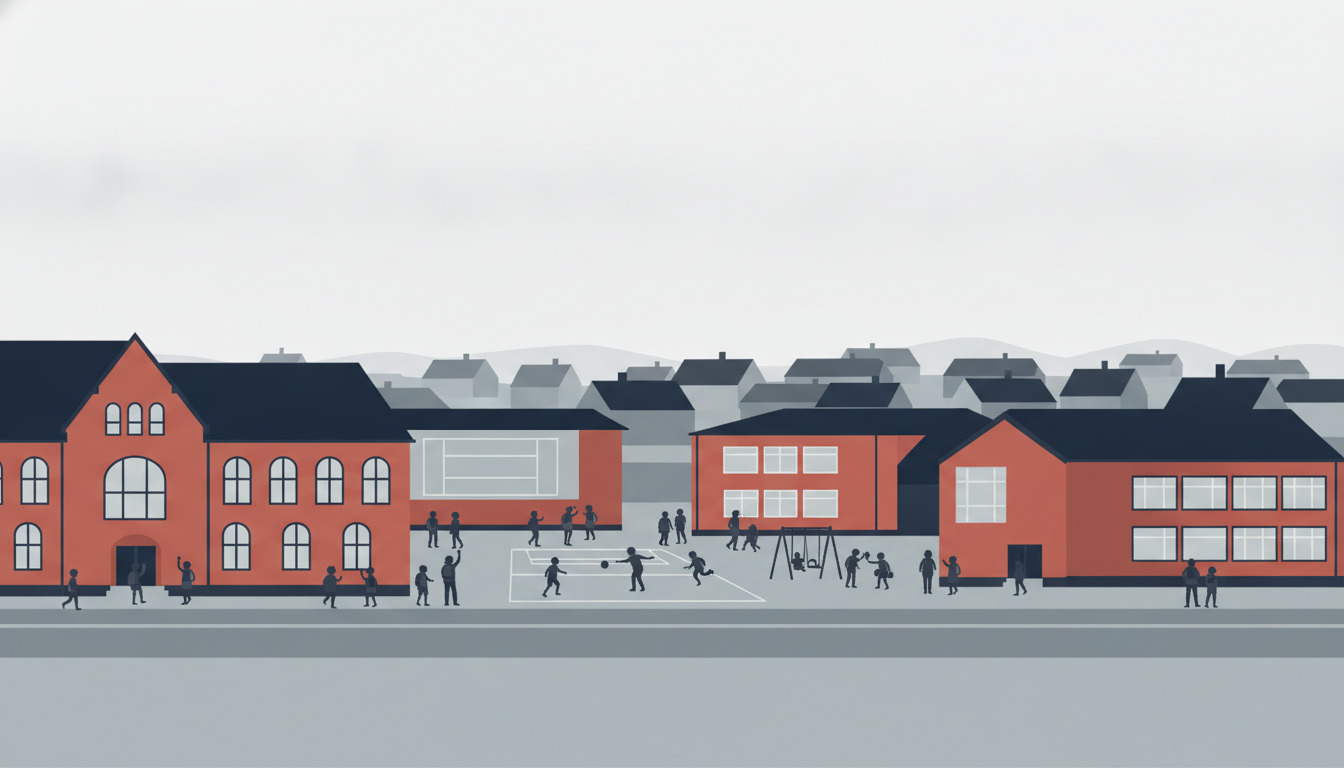 Flad vektorillustration af Ryomgård skoler med varme rødt-tegl facader med store vinduer, børn og lærere på skolegang og indgangsområder, boligbygninger på taget i baggrunden.