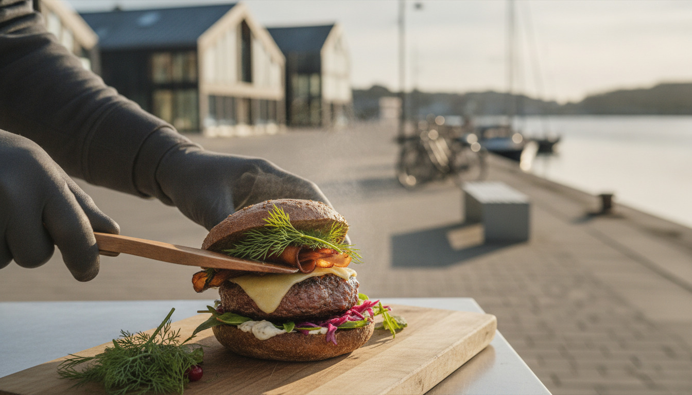 Tæt billede af hånd i handsker der holder gourmetburger på træplade med friske ingredienser og sommerkål.