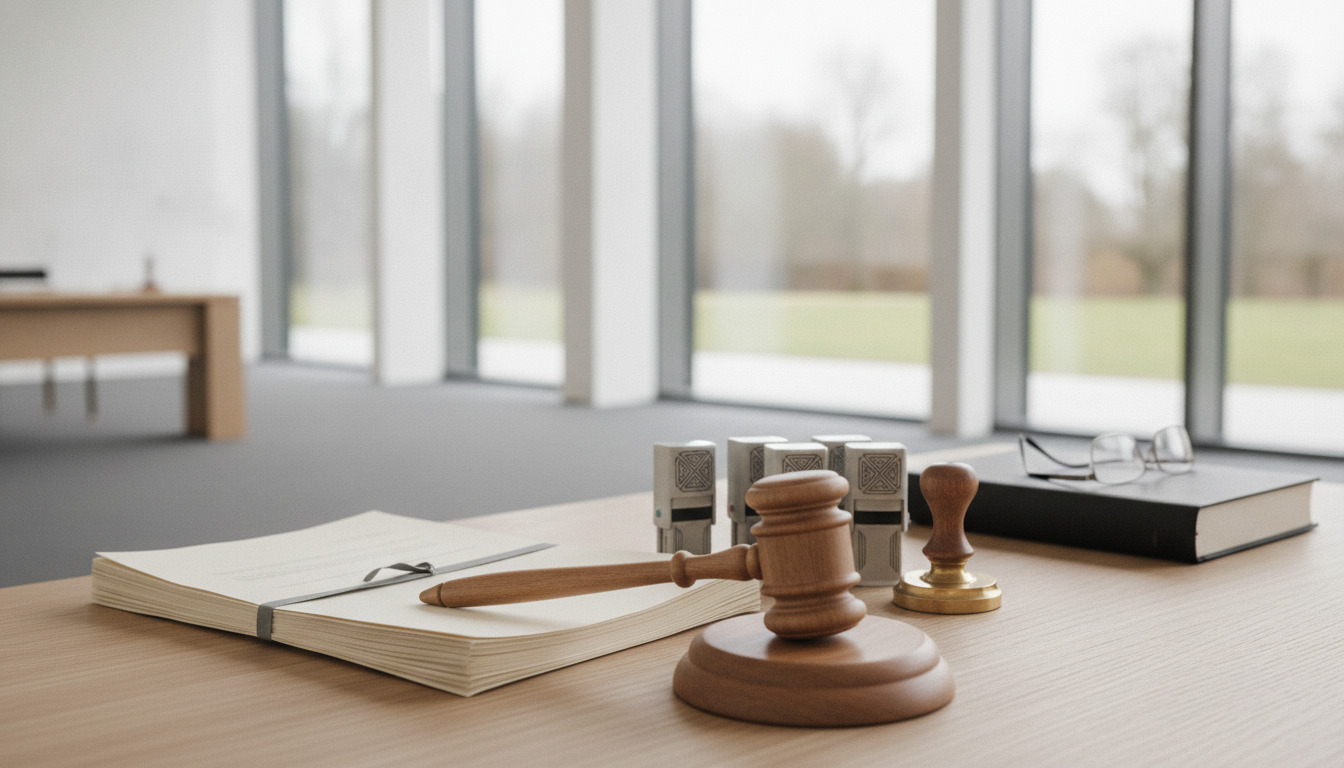 Tætbillede af skrivebord med juridiske dokumenter, hammer, og officielle stempler i blidt naturligt lys.