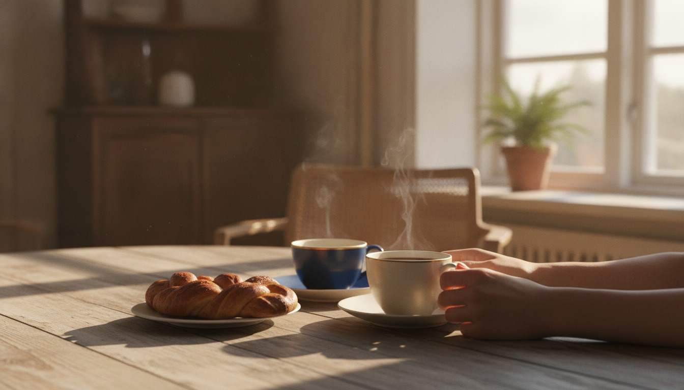 Nær optagelse af hænder, varme kaffekopperog dansk bagværk på træbord i solskin.