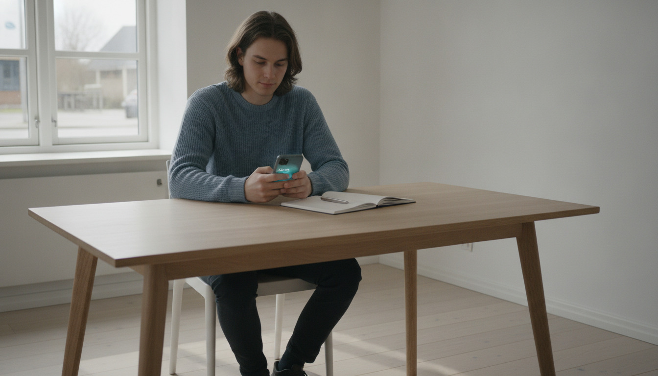 Ung person ved bord med smartphone og notesbog i minimalistisk kontor ved vindue.