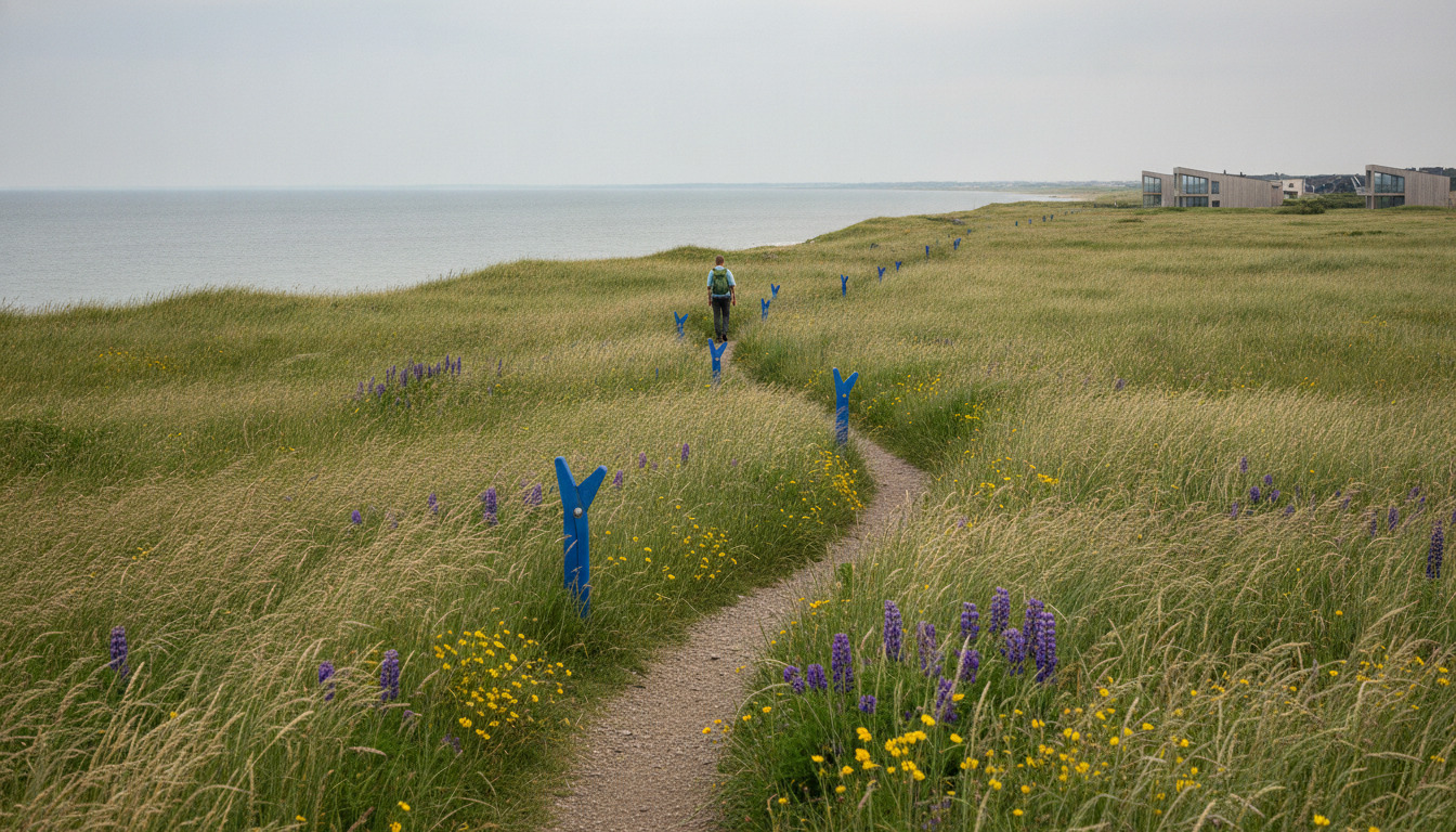 Vandreepath gennem naturagtig englandskab med blå markeringer og blomster i græsset.