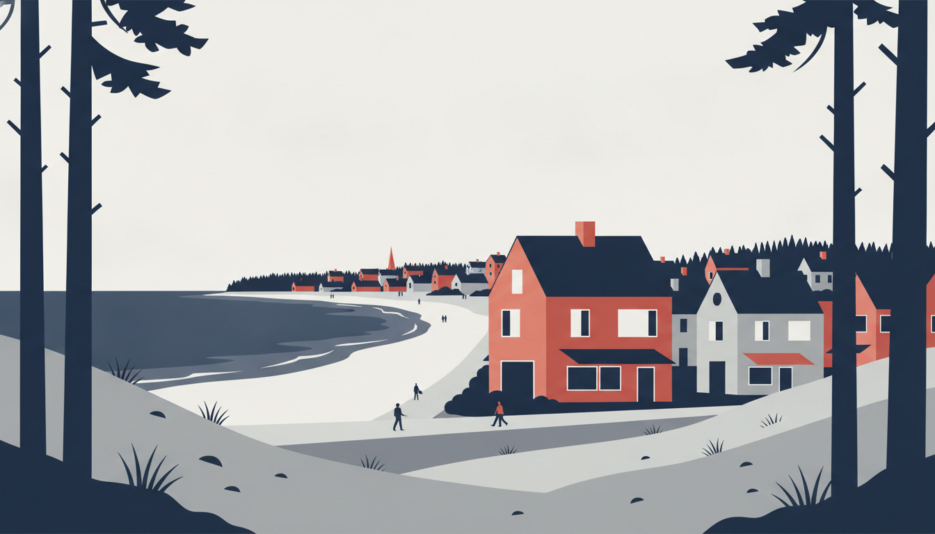 Fladt vektorgrafik-kystlandskab med høje fyrretræer, der indrammen sandede klitter, strandvegetation og en buet kystlinje, der møder havet under en svag himmel.