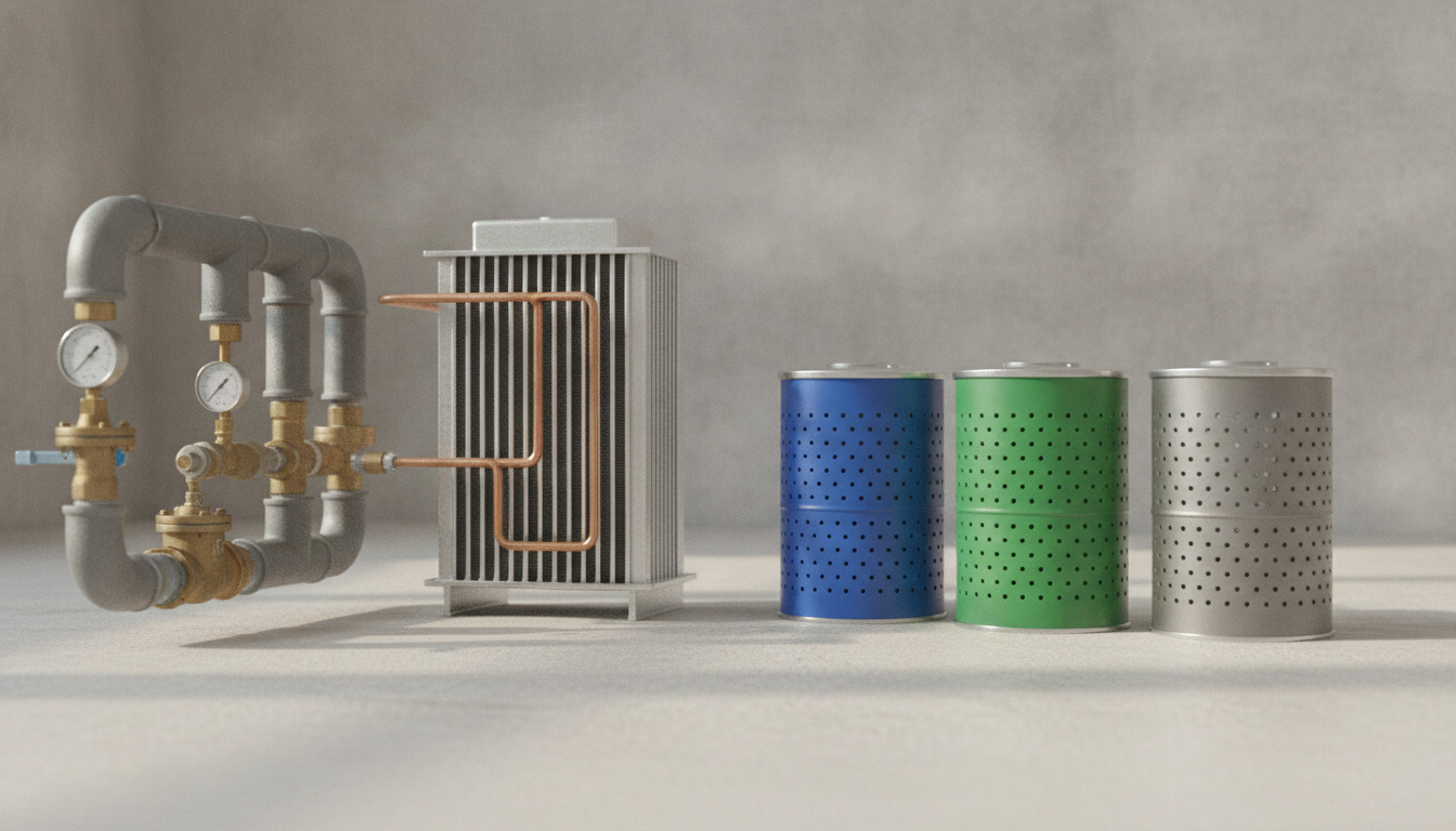 Industrielle komponenter til vandsystem, varmeudveksler og farvede genbrugsbeholdere på neutral baggrund.
