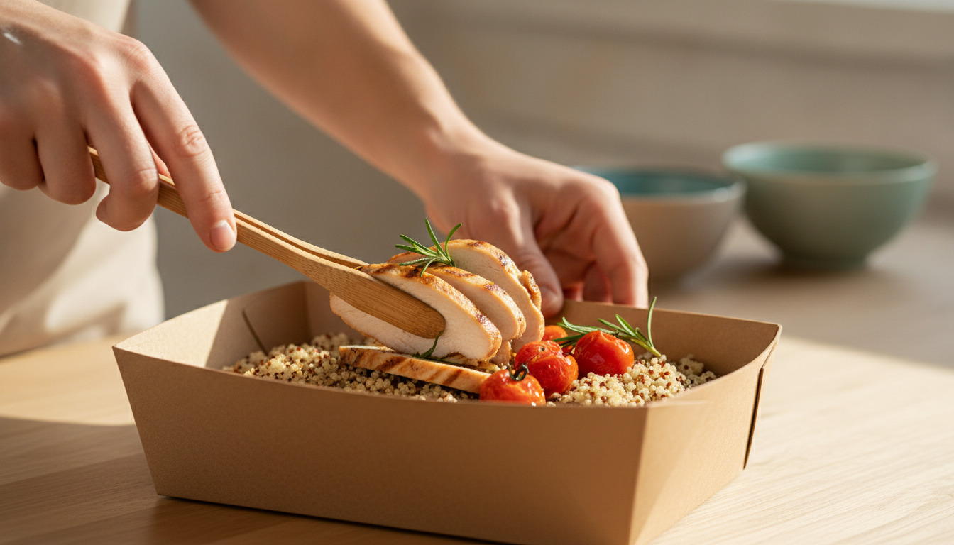 Hænder arrangerer grillet kylling med couscous, roastede tomater og rosmarin i en papirkasse på et træbord.