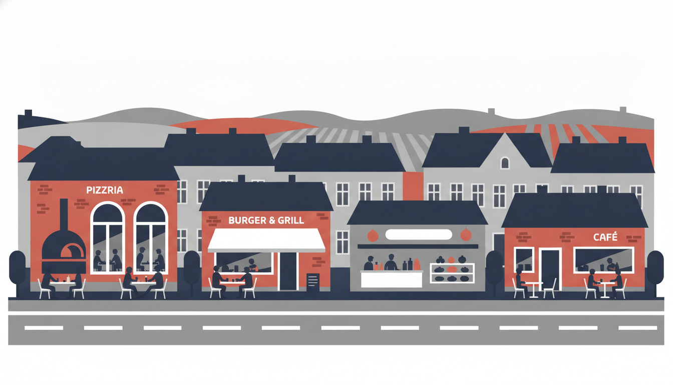 Gadescene fra Otterup med pizzeria med trækul-ovn, burger- og grillbar, sandwichkiosk og hyggelig café med udeservering – uformelle spisestedsforbindelser, der fanger lokale mødesteder.