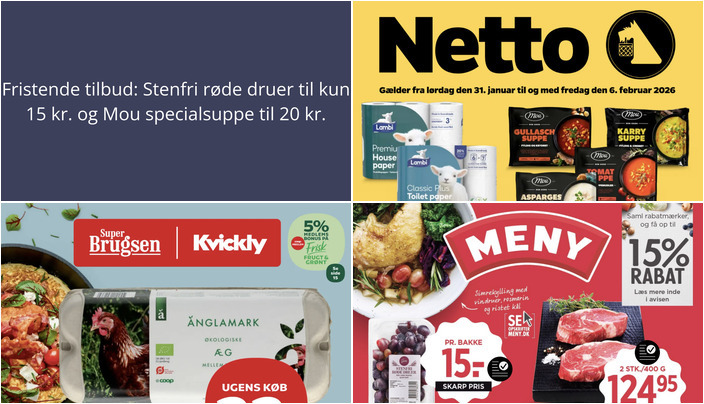 Fristende tilbud: Stenfri røde druer til kun 15 kr. og Mou specialsuppe til 20 kr.