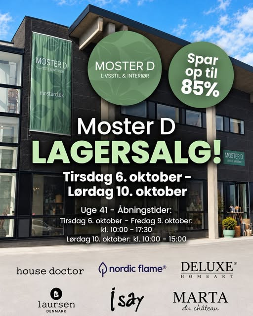 Lagersalg.com annoncerer stort lagersalg hos Moster D i Herning med op til 85% rabat
