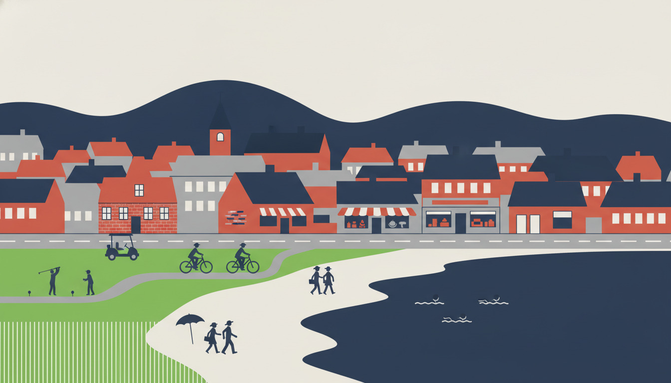 Fåborg kystnær scene med sandstrand, bakket terræn og bylandskab. Forgrunden viser golfspillere, cykelister, svømmere og strandgæster, der nyder fritidsaktiviteter ved kysten.