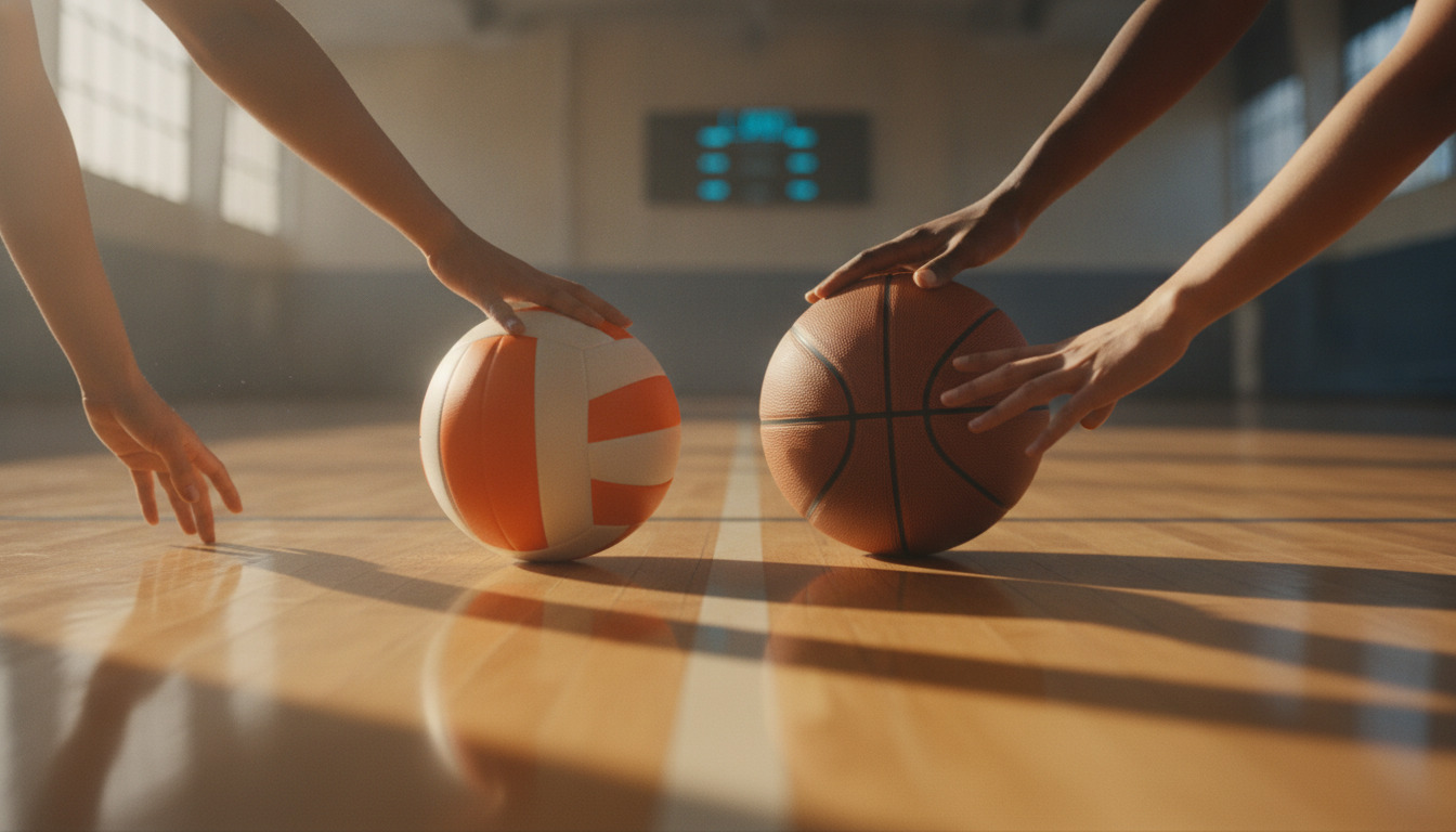 Hænder der bytter en volleyball og basketball på et trainingsgulv med varmt lys.