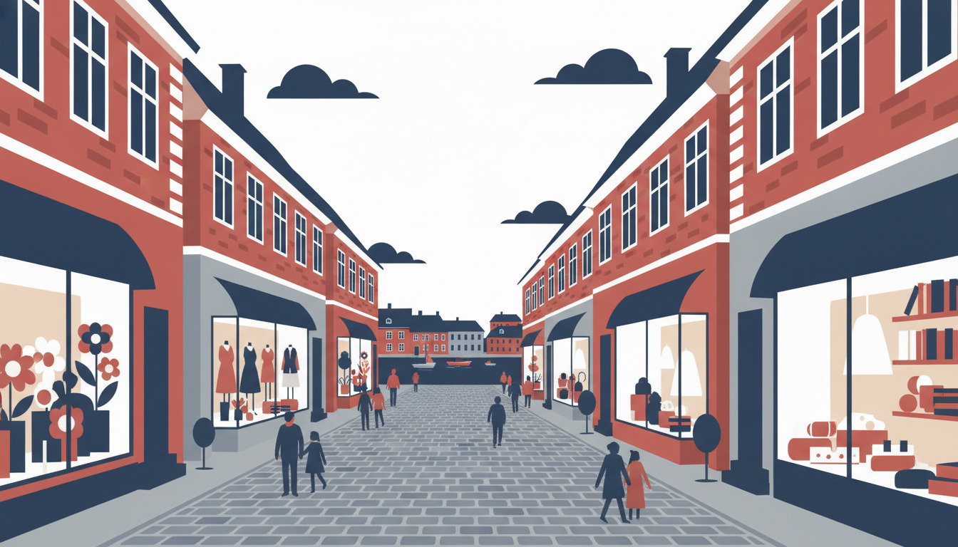 Fladt vektorillustration af en charmerende gågade i en dansk kystby, med farverige røde mursten-butiksfacader, blomsterdisplays, tøjboutikker og boghandelsudstillinger langs begge sider, havneskylinen synlig i det fjerne.