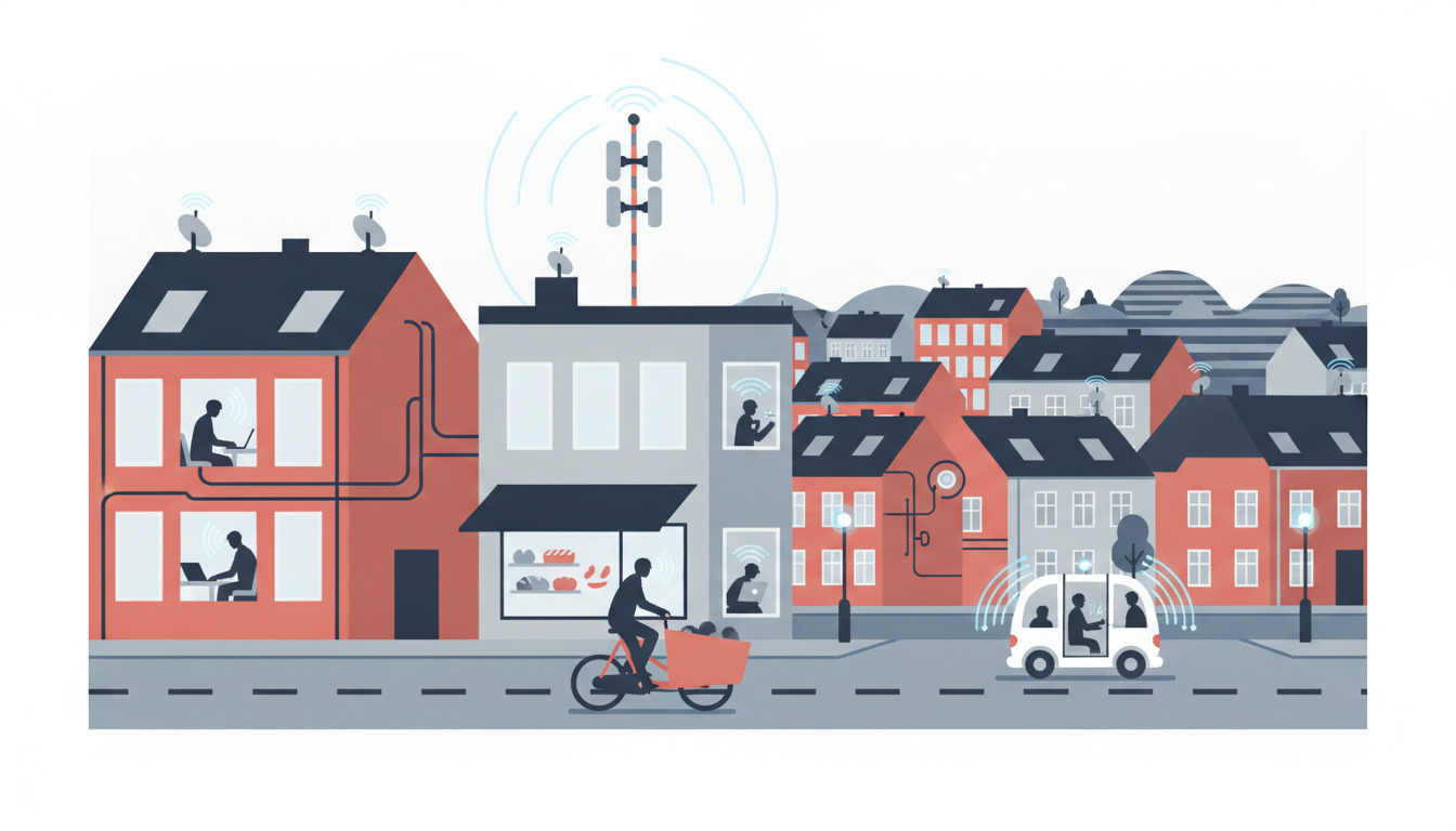 En moderne dansk bystrøg med røde og grå bygninger, viser digitale forbindelser gennem antenner på tage, mennesker der arbejder og cykler, samt symboler for bredbånd og fibernet.