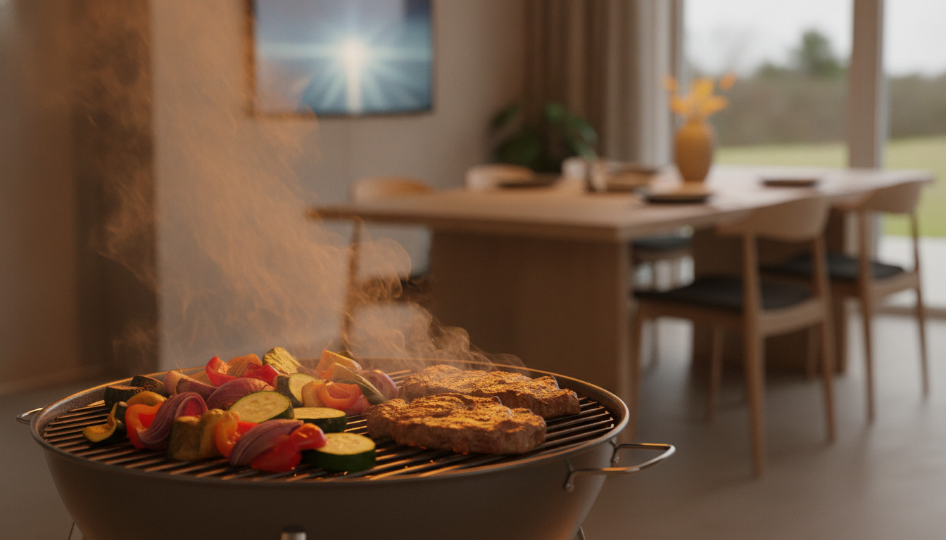 Grillgrill med sizzlende kød og grøntsager, røg stiger op i varmt lys.
