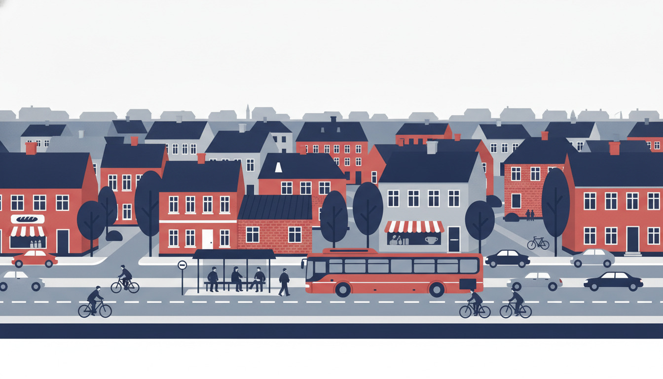 Stiliseret dansk bystrøg med røde og grå boligbygninger, regional bus ved stoppested, parkerede biler, cyklister på cykelsti og træer langs vejen.