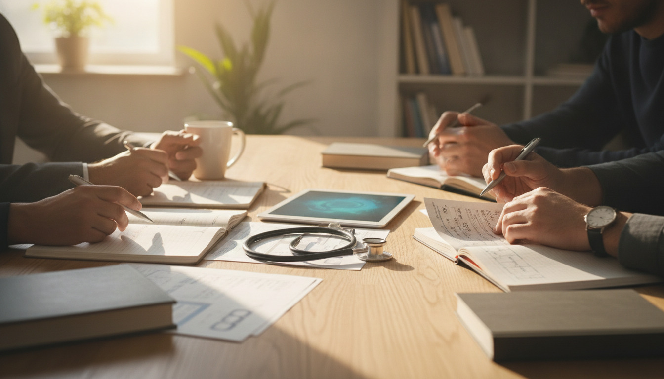 Hænder omkring et bord med lærebøger, notesbog, tablet og stetoskop i naturligt lys – symbolisering af professionsuddannelse og teamwork.