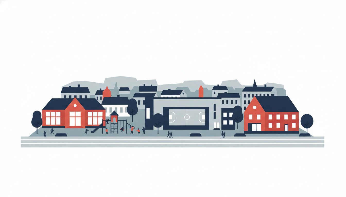 Fladvektor-illustration af Nyborgs uddannelseslandskab: en rød-mursten folkeskole med store vinduer og legeplads til venstre, et moderne gymnasium med fodboldplads i midten, og en rød efterskole til højre, placeret inden for en bylandskab med træer og beboelsesfladtage.
