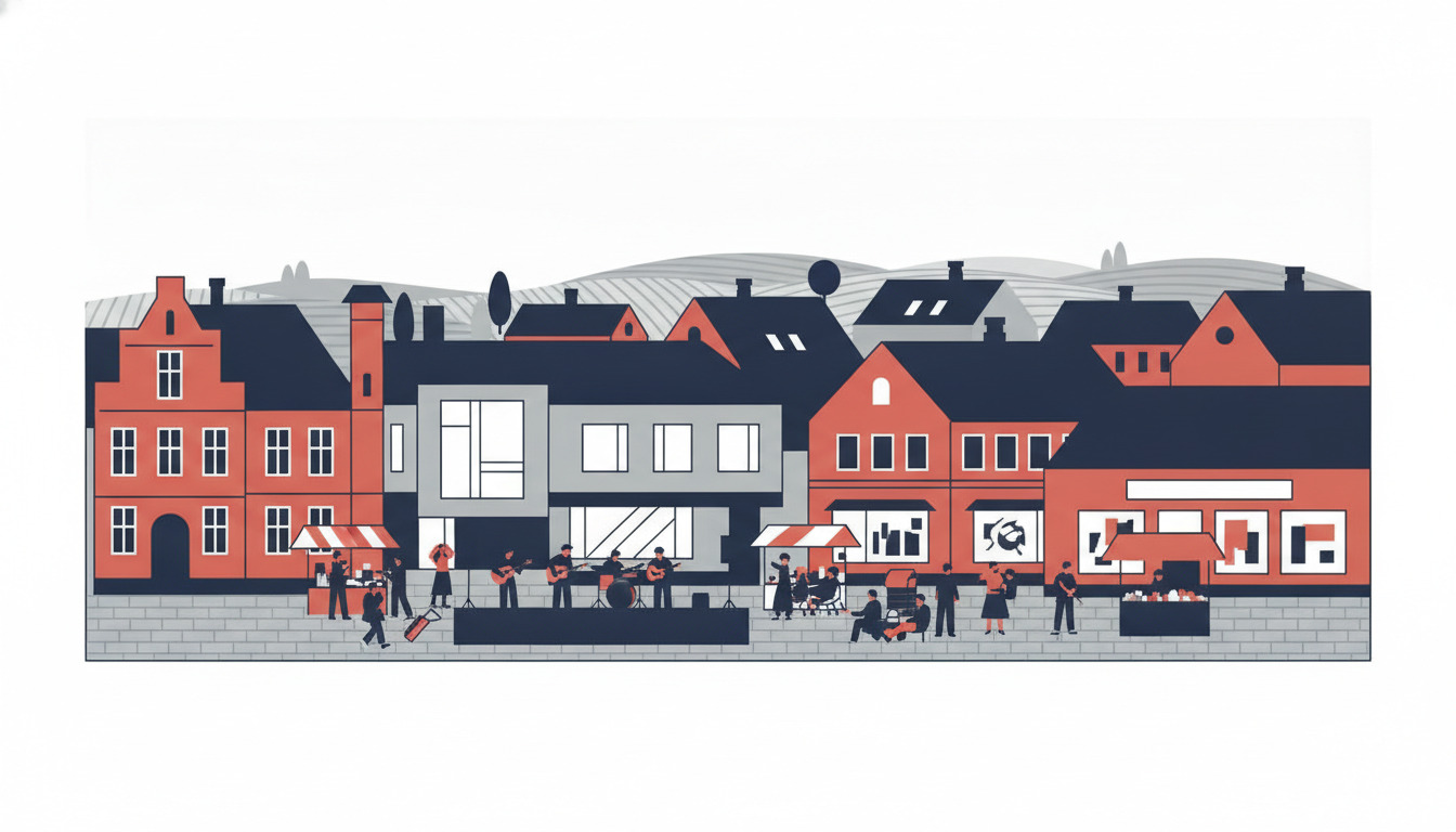 Flad vektorillustreret dansk torv med rødt mursteenshistorisk byggeri, moderne hvidt bibliotek og kulturelle steder. Figurer samles til sommerkonkert og markedsaktivitet i levende gadescape.