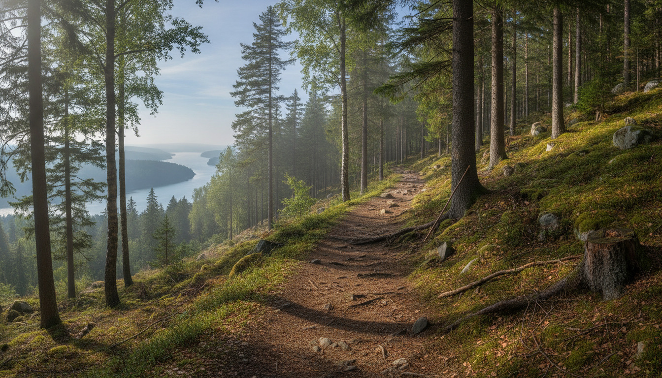 Skovsti gennem skovbevokset bakket terræn med moss og fjeldgrund på en skrånende vandrerute.