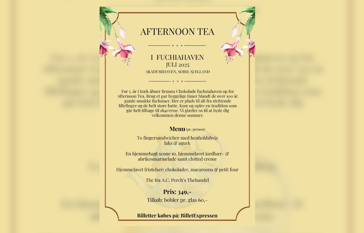 Køb billet allerede nu: Oplev traditionel Afternoon Tea hos Bruuns Chokolade i fuchsiahaven
