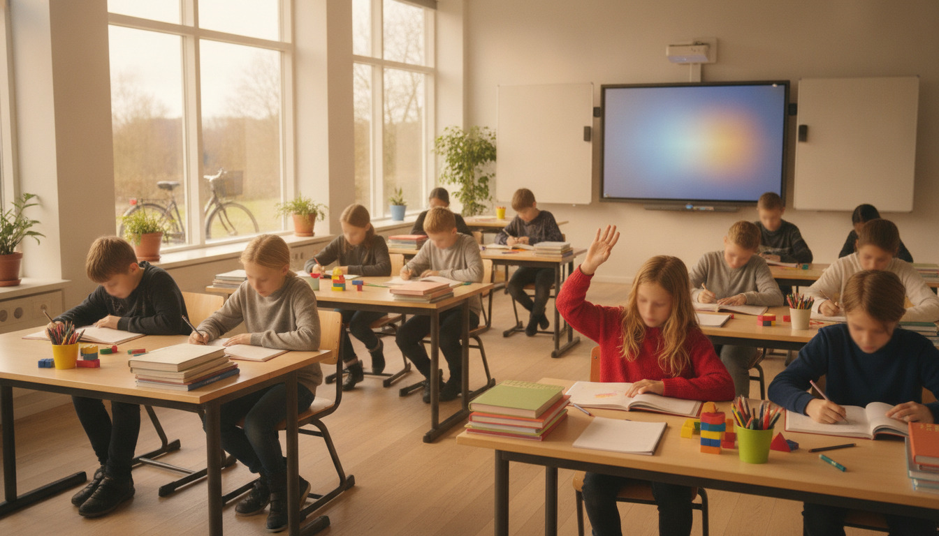 Børn arbejder ved skoleborde med biler, biler og biler skrivematerialer i et lyst klasserum.
