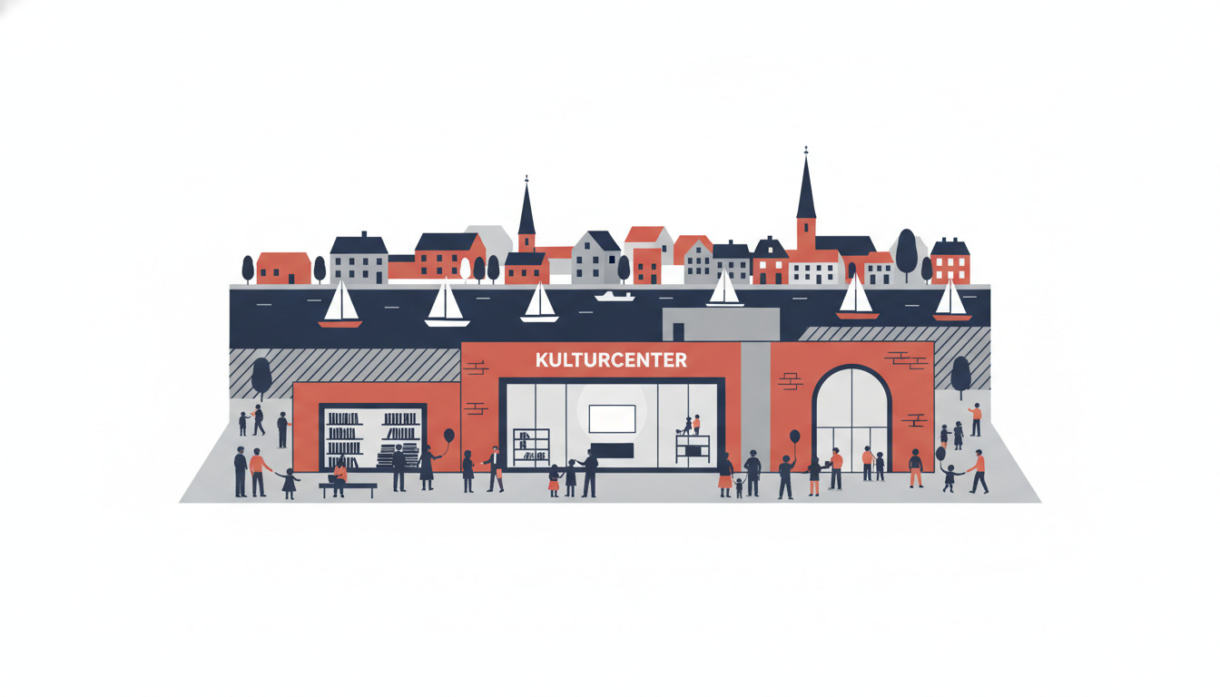 Fladvektorillustration af Hadsunds vandkant KulturCenter med store vinduer, der viser biblioteks-, biograf- og teaterlokaler. Mangfoldige borgere fra byen samles på plænen; traditionelle nordiske bygninger med kirketårne og sejlbåde på fjordbaggrund.