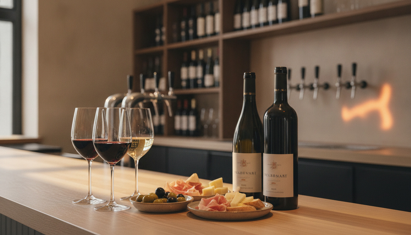 Tre vinglas med rød og hvidvin ved siden af oste, skinke og oliven på en trætakket tæller i en minimalistisk nordisk vinbar.