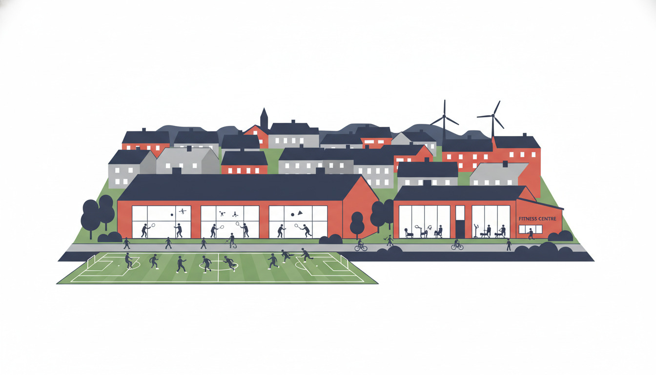 Dianalunds sportskompleks med aktivt fodboldbane, hal med badminton og håndbold, moderne fitnesscenter, samt by i baggrund.