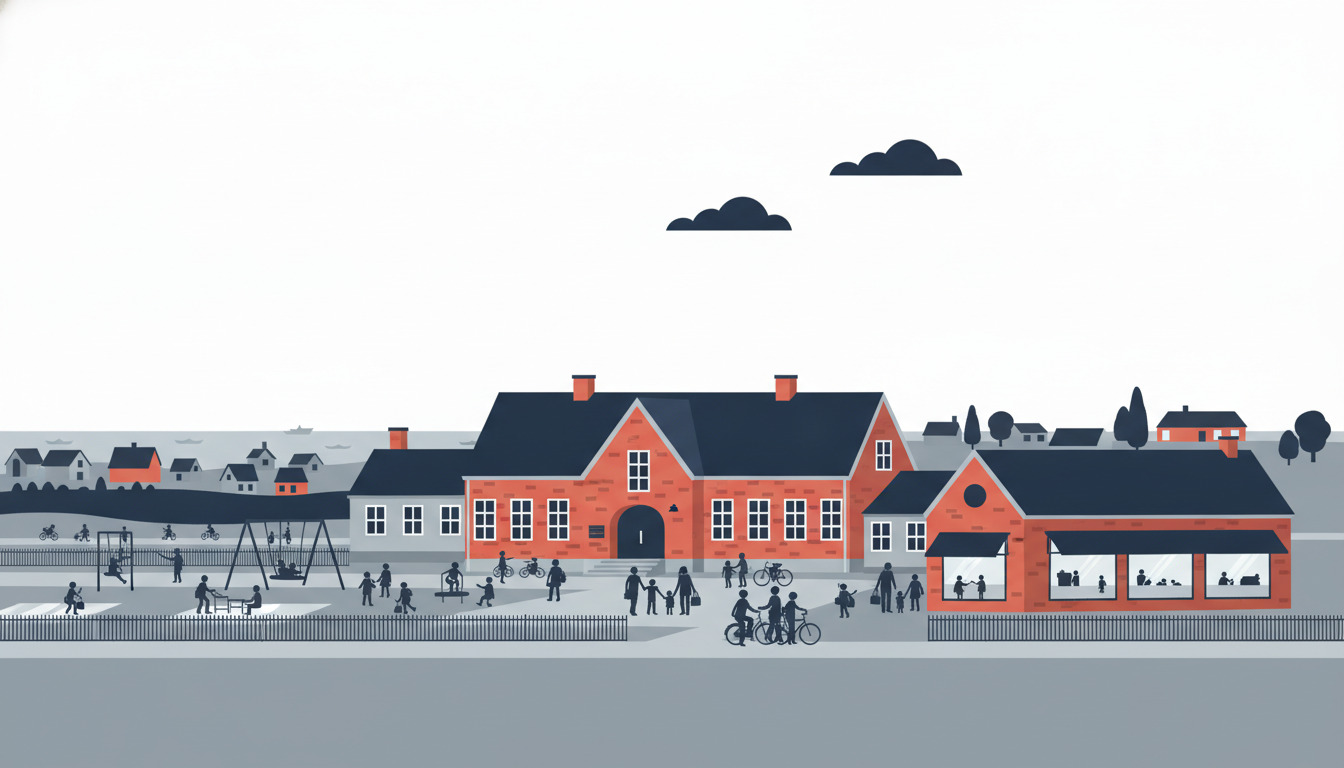 Flad vektorillustration af en rødt-mursten skolebygning med mørkt tag i en kustkystdansk by, børn og familier samlet på skolegården med legeutstyr og cykler, morgenscene.