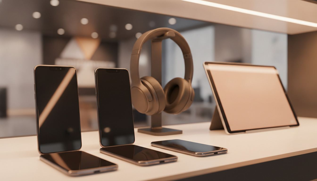 Moderne elektronik på en lysByttet beige bord med varmt lys – smartphones, headphones og tablet i minimalistisk arrangement.