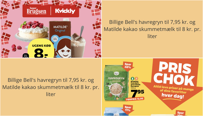 Billige Bell's havregryn til 7,95 kr. og Matilde kakao skummetmælk til 8 kr. pr. liter